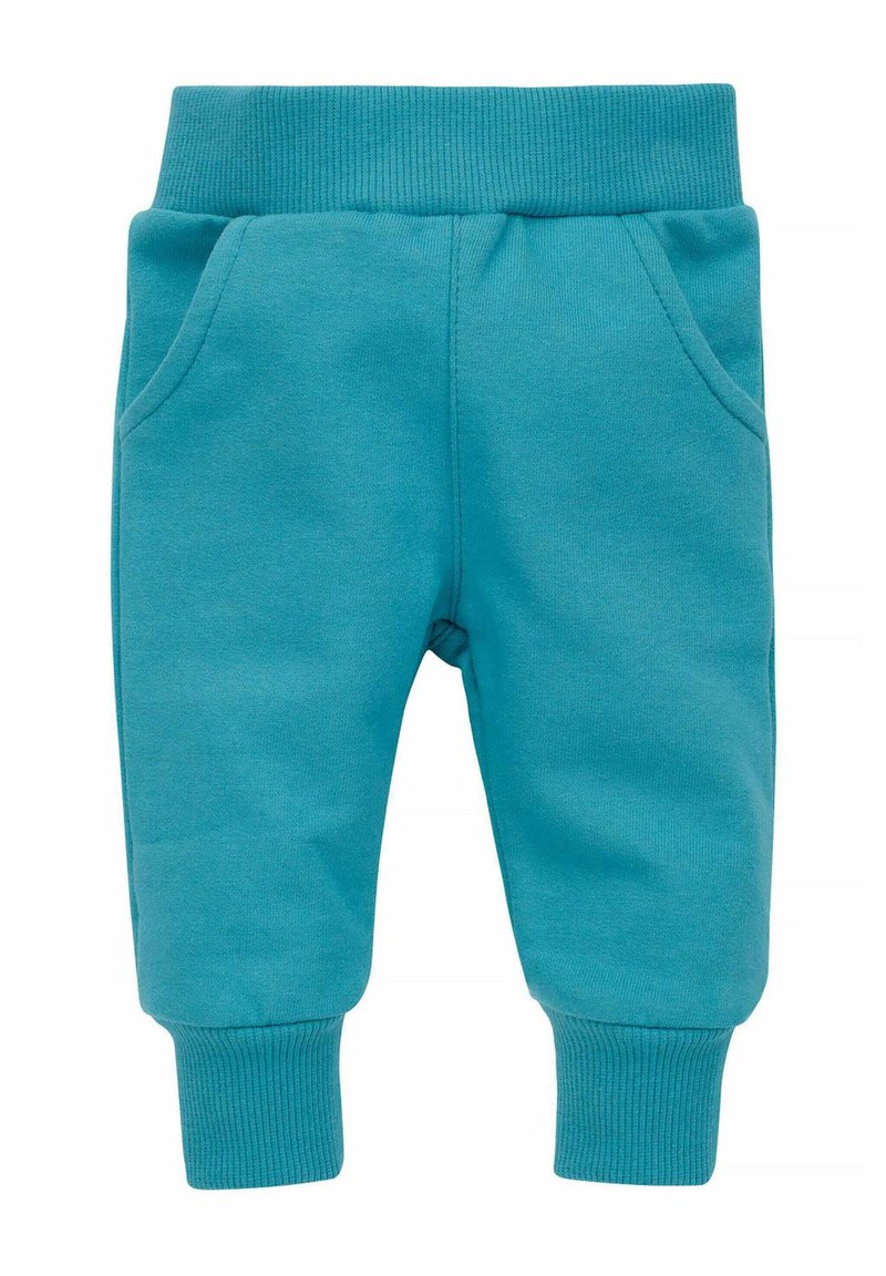 Türkise Baumwoll-Sweatpants mit gerippten Bündchen und einem Bund, ausgestattet mit zwei seitlichen Taschen und einer weichen Textur. Das Design verjüngt sich an den Knöcheln.