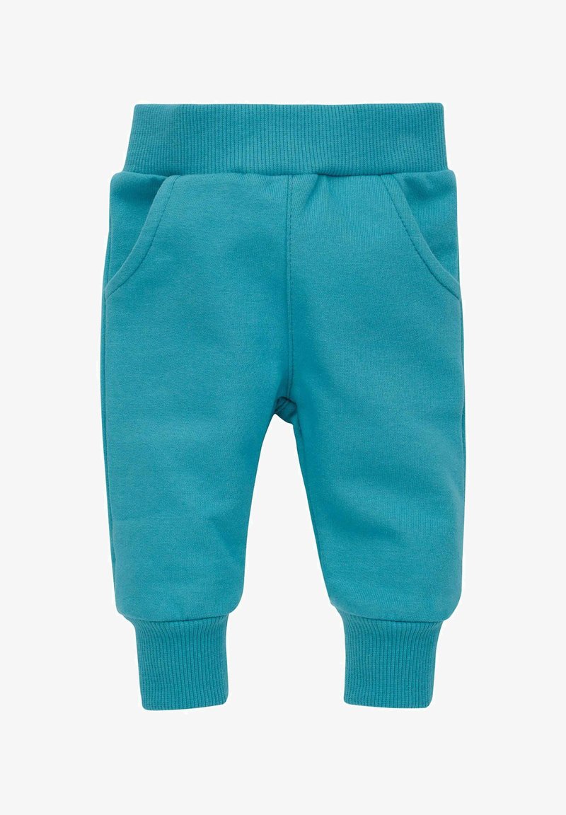 Turquoise katoenen sweatpants met ribbels aan de boorden en de tailleband, voorzien van twee zijzakken en een zachte textuur. Het ontwerp is taps toelopend bij de enkels.