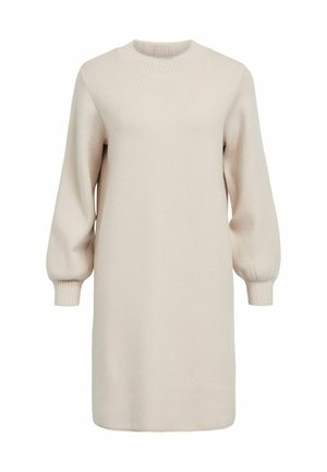 Strickkleid in Hellbeige, mit Rundhalsausschnitt, überschnittenen Schultern und langen Puffärmeln mit gerippten Bündchen. Glatte Textur, knielanger Schnitt.