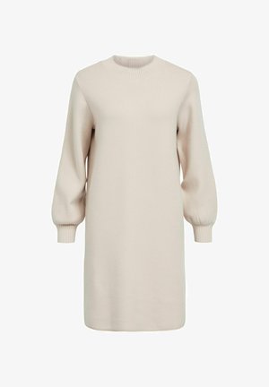 Strickkleid in Hellbeige, mit Rundhalsausschnitt, überschnittenen Schultern und langen Puffärmeln mit gerippten Bündchen. Glatte Textur, knielanger Schnitt.