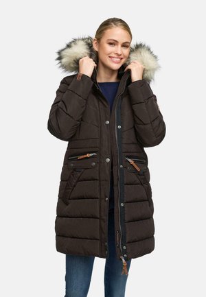 Dark brown padded coat with a fur-lined hood, featuring zip and button closures, side pockets, and contrasting brown accents.