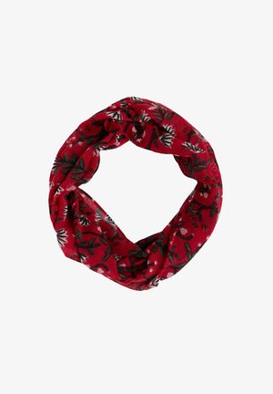 Rode cirkelvormige stoffen hoofdband met zwart-witte bloemen- en loofpatronen, gedraaide textuur en een zacht, lichtgewicht materiaal.