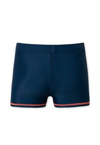 Marineblauwe zwembroek gemaakt van een gladde stof, met een contrasterende koraalkleurige rand aan de onderkant en een eenvoudig, passend ontwerp.