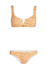 Swimwear set featuring a yellow and pink patterned bikini top with a V-neck and a matching bottom, both made of textured fabric.