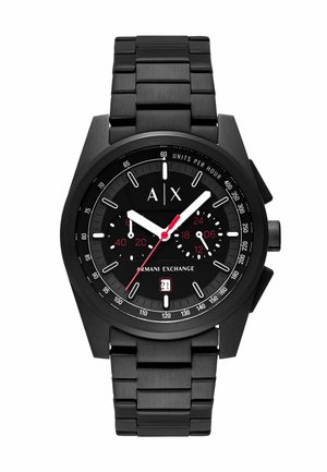 Sort Armani Exchange armbåndsur med metalledsrem, hvide time- og minutvisere, rød sekundviser, to undermålere, tachymeter og datovindue kl. 6.