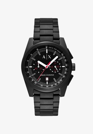 Reloj de pulsera negro Armani Exchange con correa de eslabones metálicos, manecillas blancas de hora y minuto, manecilla roja de segundos, dos subesferas, taquímetro y ventana de fecha a las 6 en punto.