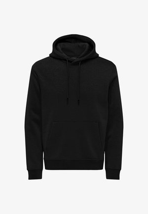 Haut à capuche noir en tissu doux, avec une poche avant, un cordon de serrage à la capuche, et des poignets et un ourlet côtelés. Texture lisse et design simple.