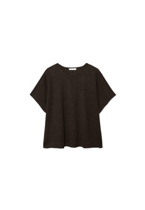 Labava crna pletena majica s kratkim rukavima, okruglim izrezom i krojem u obliku kutije, prikazana na bijeloj podlozi.