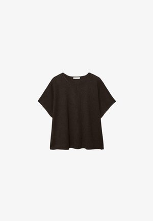 Locker sitzendes schwarzes Strickoberteil mit kurzen Ärmeln, rundem Ausschnitt und kastiger Passform, vor weißem Hintergrund dargestellt.