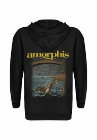 Felpa nera con cappuccio caratterizzata da una stampa grafica di un cigno sull'acqua sotto a un ponte, con il testo “amorphis” sopra in giallo e “BORDERLAND” sotto.