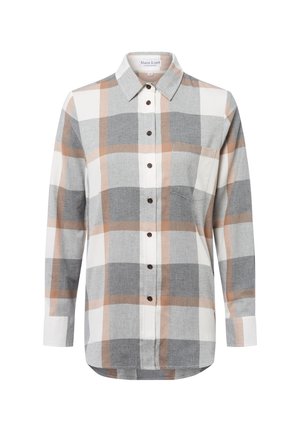 Chemise à manches longues boutonnée avec un motif à carreaux gris, beige et blanc, poche poitrine, col et boutons marron.