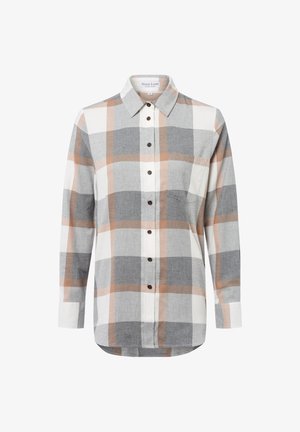 Camicia a maniche lunghe con bottoni, motivo a quadri grigio, beige e bianco, taschino sul petto, colletto e bottoni marroni.