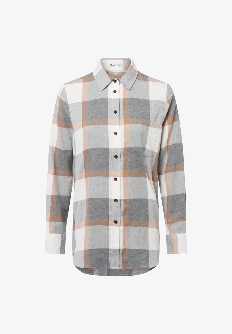 Chemise à manches longues boutonnée avec un motif à carreaux gris, beige et blanc, poche poitrine, col et boutons marron.