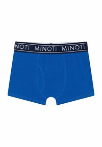 Boxers en coton bleus avec une ceinture élastique navy arborant le logo "MINOTI" en blanc. Texture lisse et design ajusté.