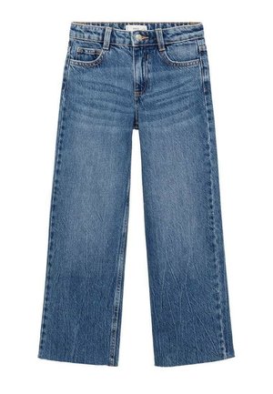 Blå cowboybukser med vide ben, klassisk fem-lomme-design, knaplukning og falmet tekstur. Rene linjer og robuste syningsdetaljer.