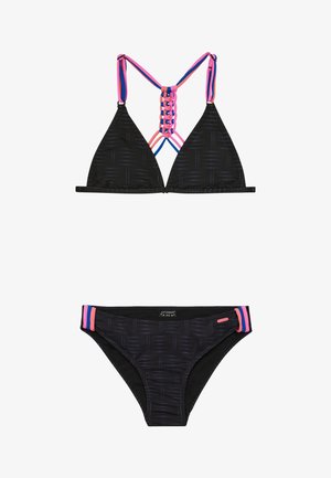 Black triangular bikini with textured design. Top features colorful straps with a braided back. Bottom has multi-colored side accents.