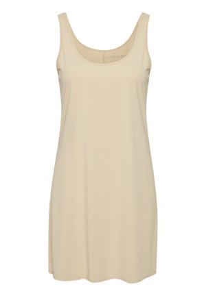 Bež obleka na naramnice iz mehkega materiala, z zaobljeno izrezom in širokimi naramnicami, sproščenega kroja in ravnim robom.