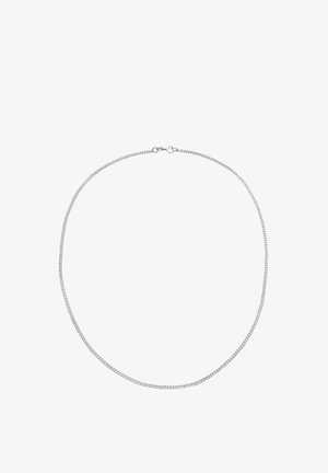 Silberne Kettenhalskette mit einem glatten, runden Glieddesign, ausgestattet mit einem sicheren Karabinerverschluss. Die Oberfläche ist poliert und hat ein reflektierendes Finish.