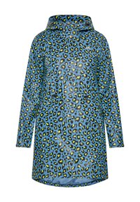 Mėlynas leopardų rašto vandeniui atsparus striukė su žaliais ir juodais raštais, turinti priekinį užtrauktuką, gobtuvą ir dvi priekinės kišenes.