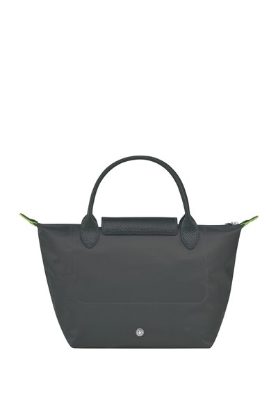 Black nylon tote bag with green accent, textured leather handles, zip closure, and a prominent front pocket. Compact and structured design.
