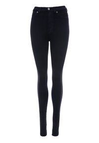 Jean skinny noir taille haute avec une texture lisse, une silhouette ajustée et des poches avant. Doté d'une fermeture classique à boutons et zip.