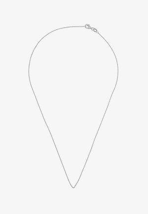 Collana con catena d'argento dal design delicato e sottile; presenta una chiusura a moschettone; forma simmetrica a goccia; texture liscia.