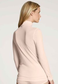 Light pink long-sleeve turtleneck top, fitted design, soft texture, seamless construction, viewed from the back, minimal detailing.