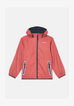 Rød letvægtsjakke med hætte, sort lynlås, elastiske manchetter, to forlommer med lynlås og reflekskant og Tretorn-logo på brystet.