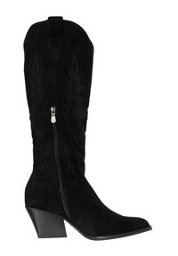 Sort ruskind cowboystøvle til midt på læggen med sidelås, broderidetaljer og skrå blokhæle.