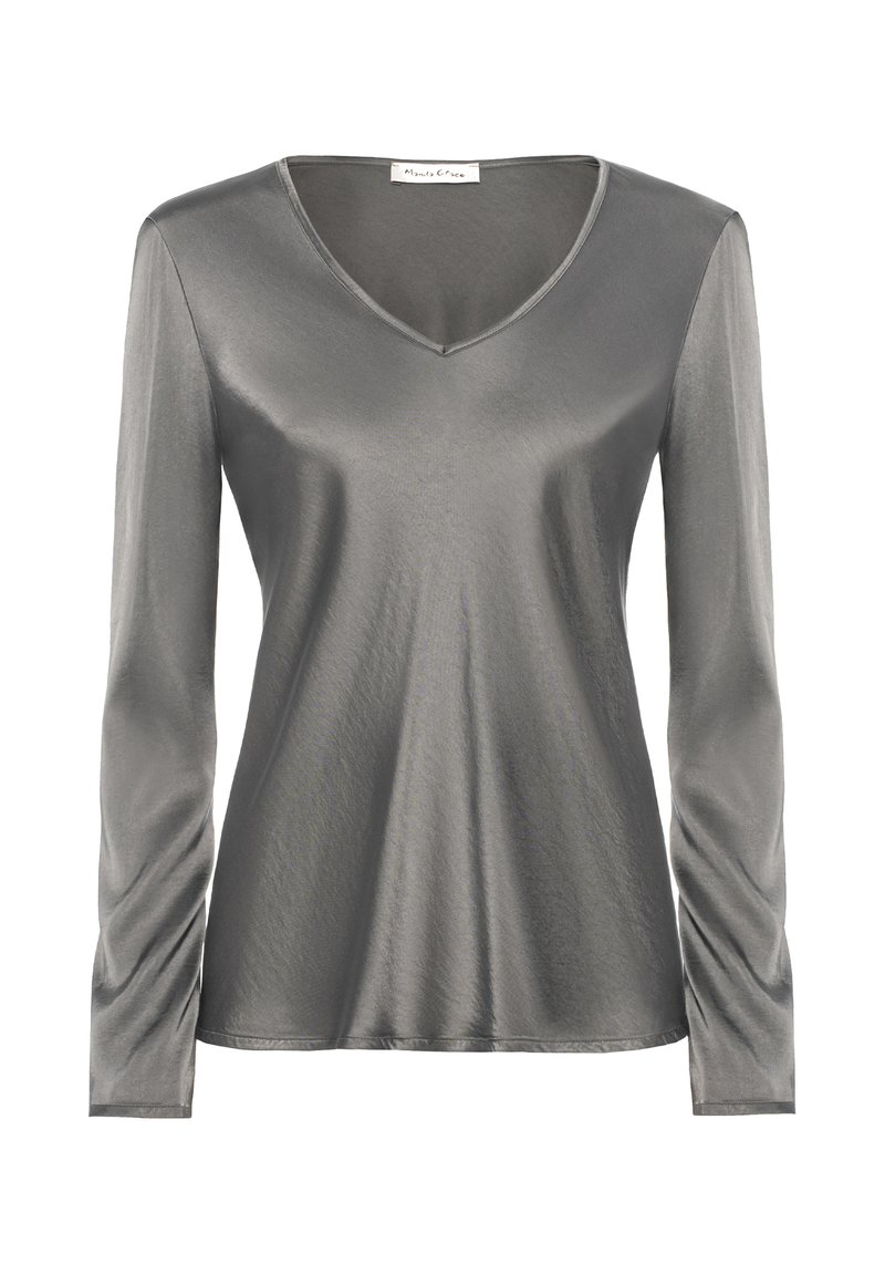 Maglia a maniche lunghe grigia con scollo a V realizzata in tessuto liscio, caratterizzata da una vestibilità comoda e un design leggermente drape. Nessun motivo o decorazione visibile.