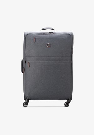 Gray fabric suitcase with a rectangular shape, dual wheels, top handle, and a front zip pocket. Features contrasting brown accents.