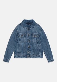 Blå denimjacka med knäppning framtill, två bröstfickor och långa ärmar. Har en klassisk krage och en blekt finish för textur.