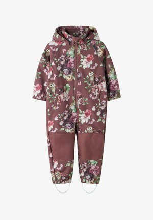 Vandeniui atsparus rudas snowsuit su gėlių raštu, su kepure, su pelėdomis ir triušiais, elastingomis rankovėmis ir užtrauktukais užsegamomis kišenėmis.