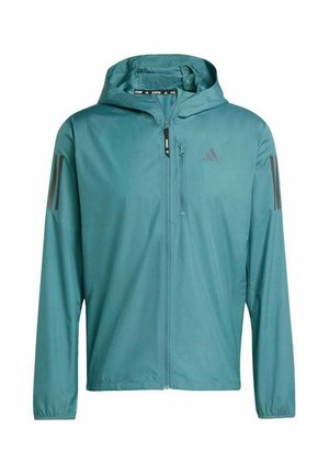 Teal lightweight zip-up jacket with a hood, featuring gray stripes on shoulders and a logo on the chest. Made from smooth, breathable material.