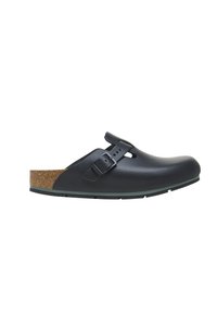 Black leather clog with adjustable strap, cork footbed, and rubber outsole. Features a smooth finish and rounded toe design.