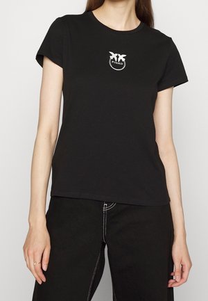Black cotton t-shirt with short sleeves, round neckline, and a white embroidered logo on the chest; smooth texture and classic fit.
