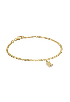 Gold chain bracelet with a small block letter "E" charm and a lobster clasp on a white background.