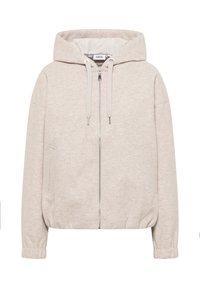 Jasnobeżowa bluza z kapturem zapinana na zamek, wykonana z miękkiego materiału. Posiada kaptur ze sznurkiem, elastyczne mankiety oraz boczne kieszenie. Gładka tekstura i luźny krój.