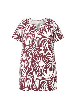Blouse met korte mouwen met een bordeauxrode achtergrond en abstracte witte vormen die lijken op planten en zonnen, met een kleine V-hals.