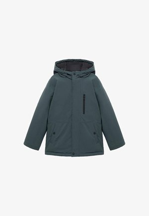 Giacca invernale isolata di colore verde scuro con cappuccio, zip frontale coperta da una patta con bottoni, due tasche inferiori con bottoni e una tasca verticale sul petto con zip.
