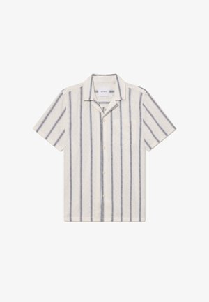 Short-sleeve shirt in a light beige fabric with dark blue vertical stripes, featuring a button-up front and a chest pocket.