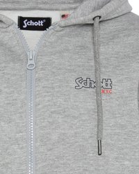 Felpa grigia con zip realizzata in tessuto morbido, dotata di cappuccio con cordino, con cerniera anteriore e il logo "Schott NYC" in blu e rosso.