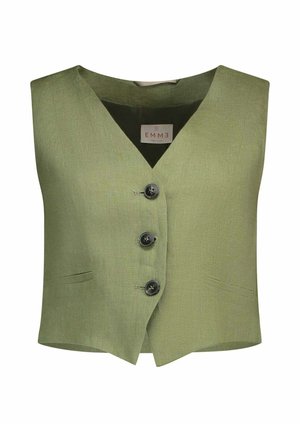 Gilet sans manches vert olive avec col en V, trois boutons noirs sur le devant et deux petites poches fendues de chaque côté.