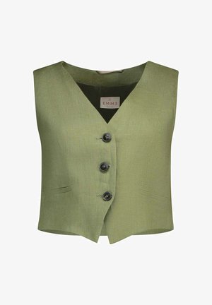 Gilet verde oliva senza maniche con scollo a V, tre bottoni neri davanti e due piccole tasche a fessura su ogni lato.