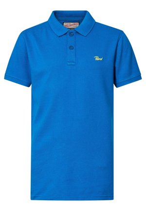 Niebieska koszulka polo z krótkim rękawem, z dwoma guzikami i małym żółtym logo "Petrol" na lewej piersi.