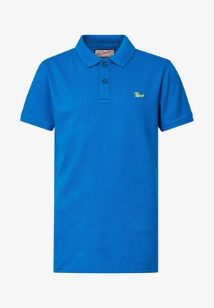 Polo bleu à manches courtes avec patte à deux boutons et petit logo jaune "Petrol" sur le côté gauche de la poitrine.