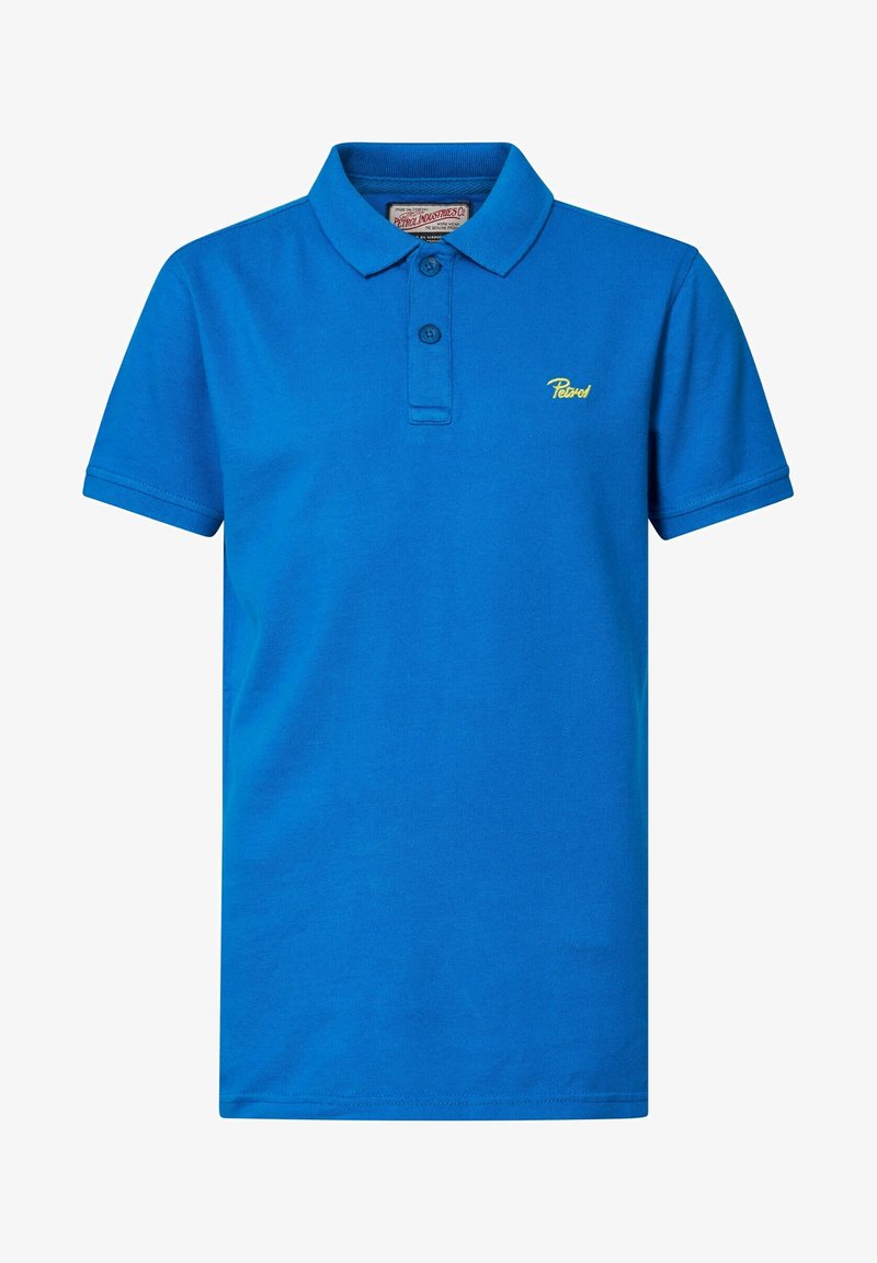 Polo bleu à manches courtes avec patte à deux boutons et petit logo jaune "Petrol" sur le côté gauche de la poitrine.