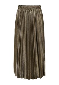 Jupe midi plissée en tissu métallique bronze. Dotée d'une taille élastique et d'une forme A-line fluide avec des lignes de texture verticales.