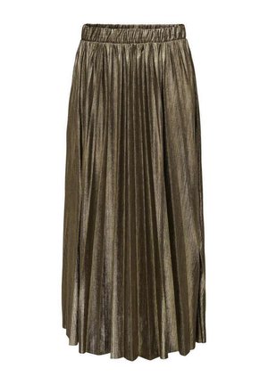 Jupe midi plissée en tissu métallique bronze. Dotée d'une taille élastique et d'une forme A-line fluide avec des lignes de texture verticales.
