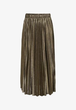 Jupe midi plissée en tissu métallique bronze. Dotée d'une taille élastique et d'une forme A-line fluide avec des lignes de texture verticales.